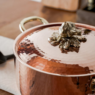 Hammered Copper Casserole Dish With Brass Lion Detail