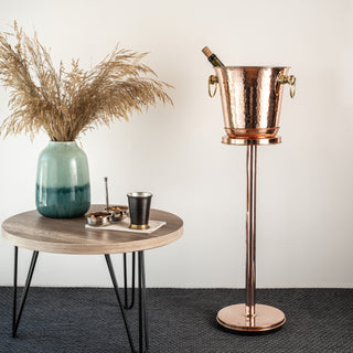 Copper wine bucket, champagne cooler stand, hammered copper ice bucket, elegant wine chiller, handcrafted barware, luxury beverage cooler, restaurant wine service, professional champagne bucket, fine dining accessories, home bar essentials, upscale drinkware,