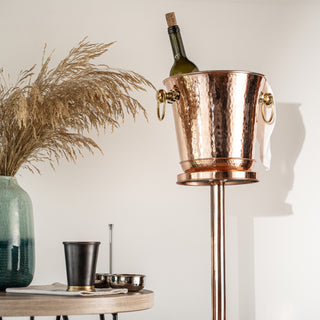 Copper wine bucket, champagne cooler stand, hammered copper ice bucket, elegant wine chiller, handcrafted barware, luxury beverage cooler, restaurant wine service, professional champagne bucket, fine dining accessories, home bar essentials, upscale drinkware,