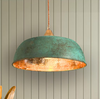 Verdigris Green Patina Hammered Copper Pendant Light – Complete Set with Accessories