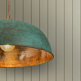 Verdigris Green Patina Hammered Copper Pendant Light – Complete Set with Accessories