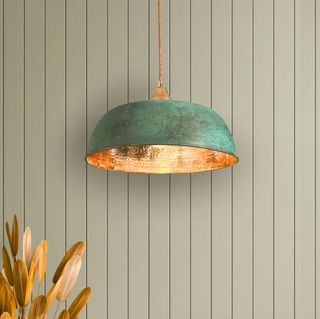 Verdigris Green Patina Hammered Copper Pendant Light – Complete Set with Accessories