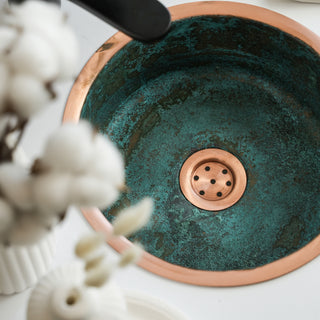 Patina Single Bowl Copper Kitchen and Bathroom Sink | Farmhouse Green Patina Solid Copper Sink | Copper Vessel & Drop-in Sink