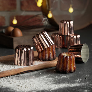 handmade solid copper canelé mold set, traditional French pastry baking cups, authentic canelé molds for professional bakers, fluted copper molds for gourmet desserts, durable copper baking molds for mini cakes, handcrafted copper canelé tins with tin lining, 