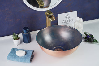 Upgrade your bathroom with this handmade blue copper vessel sink, crafted from 100% solid copper. Elegant and durable, it includes a matching drain cap for a complete luxury look.

