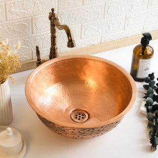 Engraved Solid Copper Vessel Sink | Handmade Farmhouse Dark Copper Washbasin Vanity Vessel Sink | *Drain Cap Included*