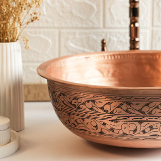 Engraved Solid Copper Vessel Sink | Handmade Farmhouse Dark Copper Washbasin Vanity Vessel Sink | *Drain Cap Included*