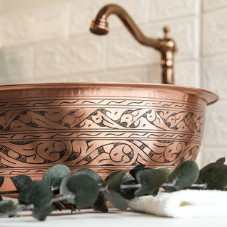 Engraved Solid Copper Vessel Sink | Handmade Farmhouse Dark Copper Washbasin Vanity Vessel Sink | *Drain Cap Included*