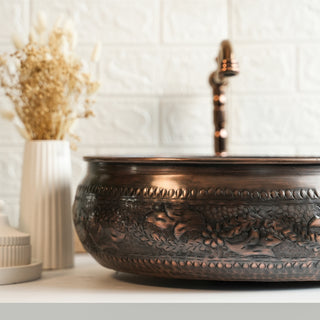 Engraved Solid Copper Vessel Sink | Handmade Farmhouse Dark Copper Washbasin Vanity Vessel Sink | *Drain Cap Included*