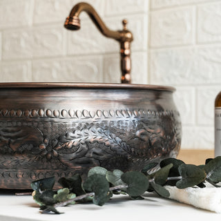 Handmade Engraved Solid Copper Vessel Sink – 16" Farmhouse Vanity Washbasin with Drain Cap