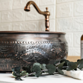 Engraved Matte Copper Vessel Sink | Handmade Farmhouse Copper Washbasin Vanity Vessel Sink | Drain Cap Included