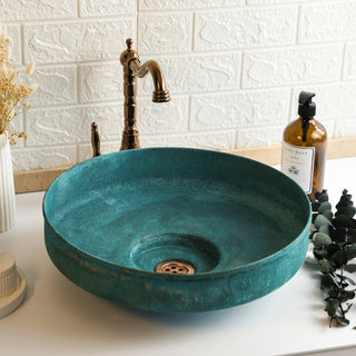 Blue Patina Low Profile Solid Copper Vessel Sink | Hammered Solid Copper Bathroom and Kitchen Sink | *Drain Cap Included*