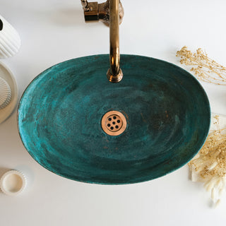 Oval Green Patina +Copper Bathroom Vessel Sink | Hammered Copper Kitchen and Bathroom Vanity Vessel Sink | *Drain Cap Included*