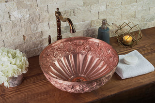 Handmade engraved copper vanity vessel sink with an intricate floral design, round shape, and included drain cap, ideal for bathroom or kitchen use.