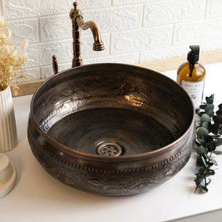 Handmade Engraved Solid Copper Vessel Sink – 16" Farmhouse Vanity Washbasin with Drain Cap