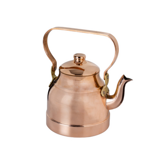 Handcrafted solid copper teapot with a polished exterior, traditional Turkish design, sturdy handle, and 1.5L capacity, ideal for brewing and serving tea.