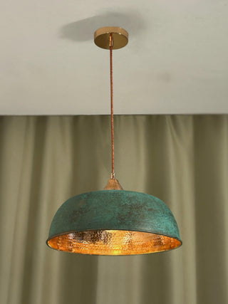 Handmade hammered copper green patina pendant light with a complete set of accessories, including a textile cord, solid copper fittings, and multiple size options (6"-16").