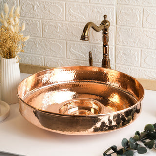 Handmade Hammered Copper Green Verdigris Patina Sink – Round Vessel Bathroom or Kitchen Basin