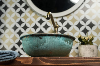 Blaues Patina-Kupfergefäß und Einbauspüle für Küche und Bad | Handgefertigte runde Kupferspüle für die Küche | *Inklusive Kupfer-Ablaufkappe*