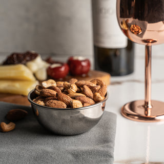 Solid copper snack bowl with a chrome-plated reflective finish, 12cm diameter, and 5.5cm height, ideal for serving nuts, fruits, or small snacks.